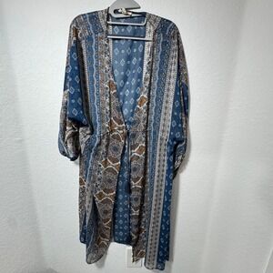 Sandy &‎ Sid Women Kimono Cardigan Blue Paisley Duster Drawstring Tassel Large